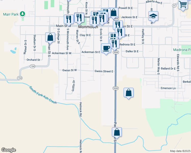 map of restaurants, bars, coffee shops, grocery stores, and more near 627 South Broad Street in Monmouth