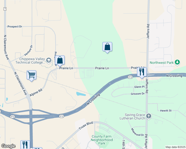 map of restaurants, bars, coffee shops, grocery stores, and more near 1145 Prairie Lane in Eau Claire