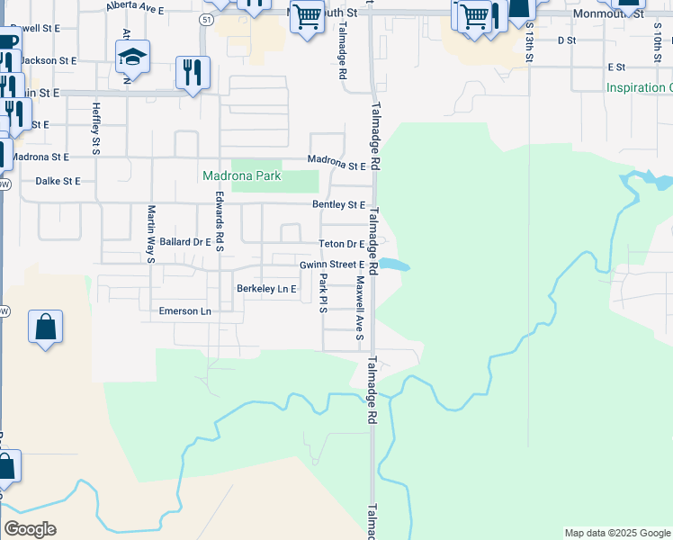 map of restaurants, bars, coffee shops, grocery stores, and more near 1851 Gwinn Street East in Monmouth