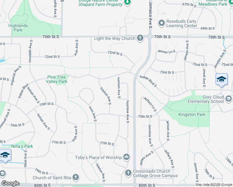 map of restaurants, bars, coffee shops, grocery stores, and more near 7388 Iverson Avenue South in Cottage Grove