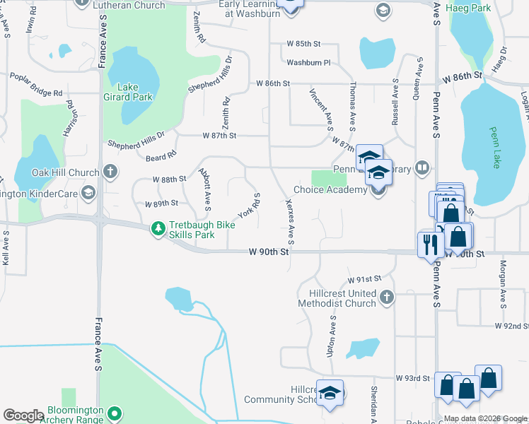 map of restaurants, bars, coffee shops, grocery stores, and more near 8903 York Circle South in Minneapolis