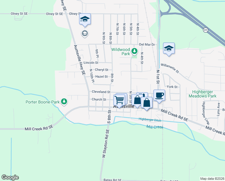 map of restaurants, bars, coffee shops, grocery stores, and more near 795 Cleveland Street in Aumsville