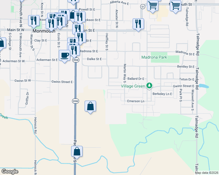 map of restaurants, bars, coffee shops, grocery stores, and more near 971 Gwinn Street East in Monmouth