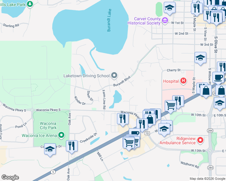 map of restaurants, bars, coffee shops, grocery stores, and more near 953 Meadowlark Circle in Waconia