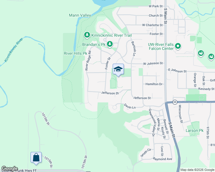 map of restaurants, bars, coffee shops, grocery stores, and more near 1450 Foster Street in River Falls