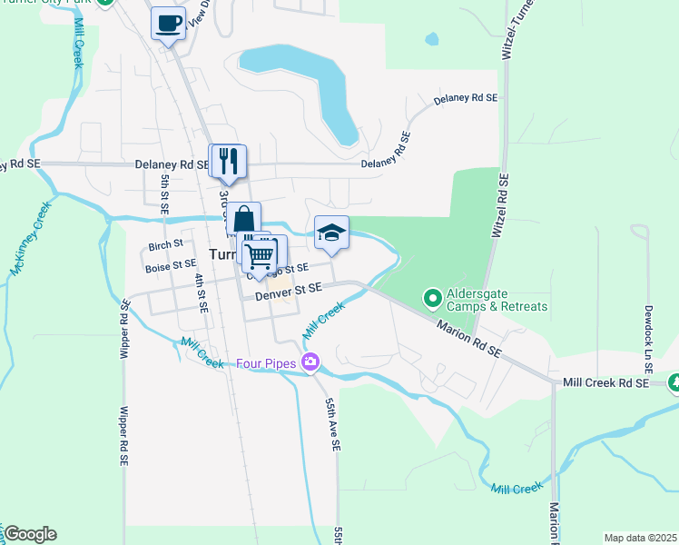 map of restaurants, bars, coffee shops, grocery stores, and more near 7800 School Avenue in Turner