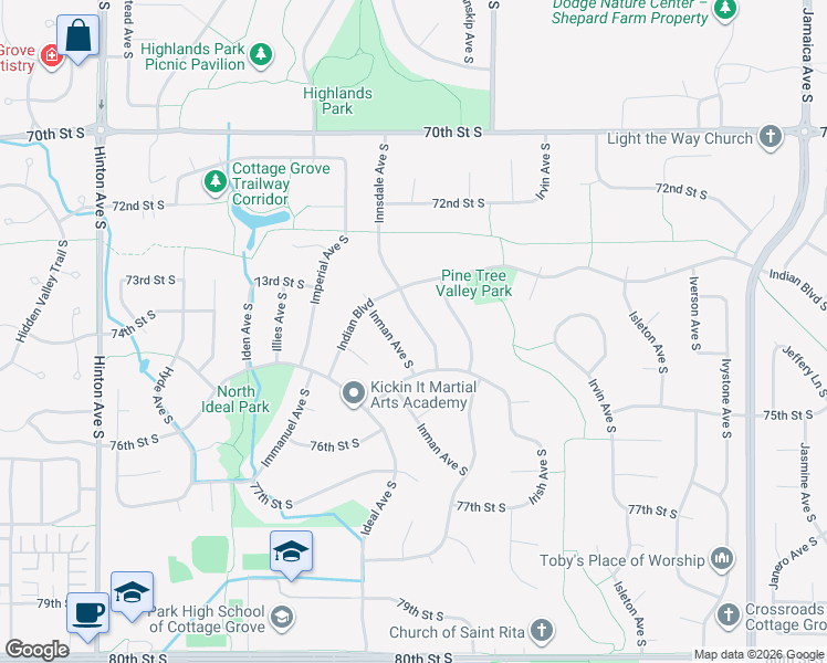 map of restaurants, bars, coffee shops, grocery stores, and more near 7358 Innsdale Avenue South in Cottage Grove