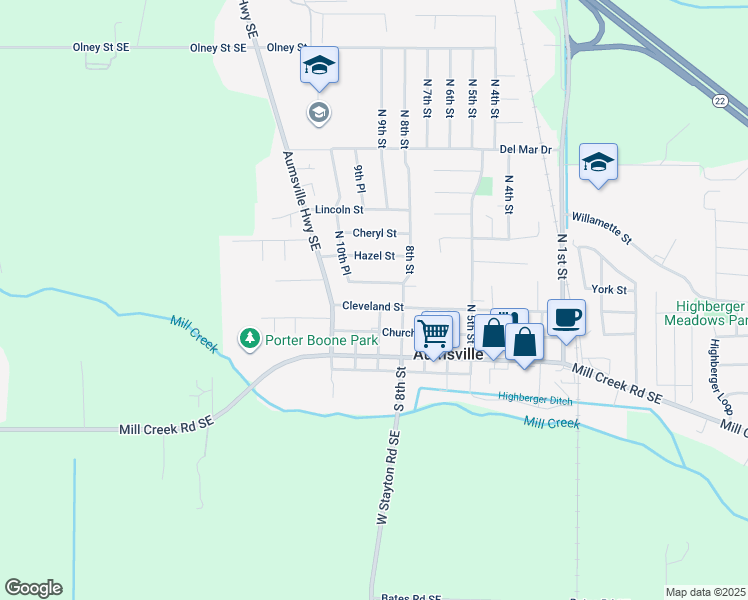 map of restaurants, bars, coffee shops, grocery stores, and more near 925 Cleveland Street in Aumsville