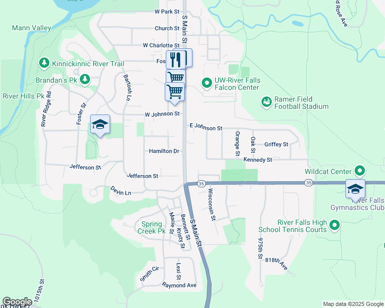 map of restaurants, bars, coffee shops, grocery stores, and more near 1355 Sycamore Street in River Falls