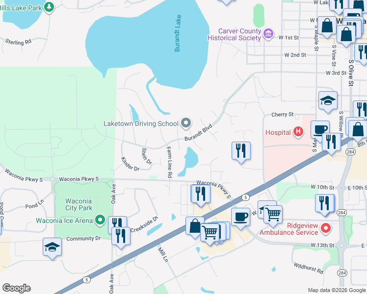 map of restaurants, bars, coffee shops, grocery stores, and more near 953 Meadowlark Circle in Waconia