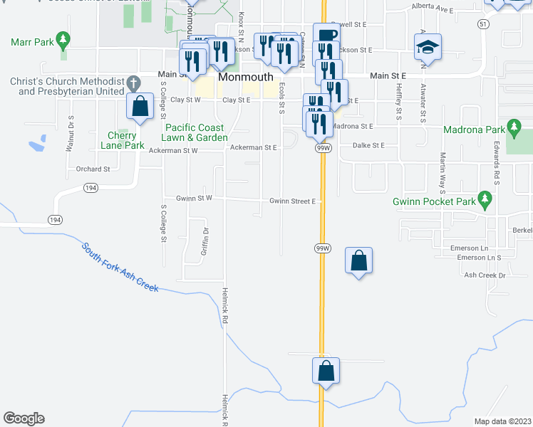 map of restaurants, bars, coffee shops, grocery stores, and more near 621 Broad Street South in Monmouth