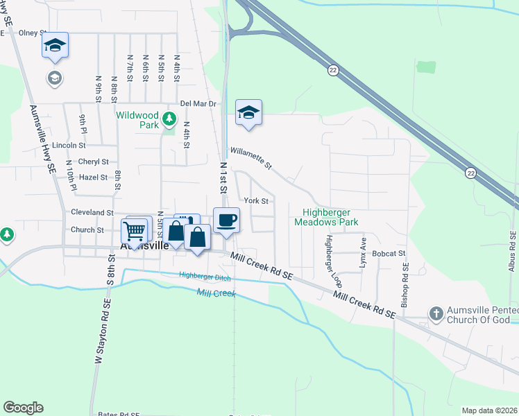 map of restaurants, bars, coffee shops, grocery stores, and more near 630-662 Windemere Street Southeast in Aumsville