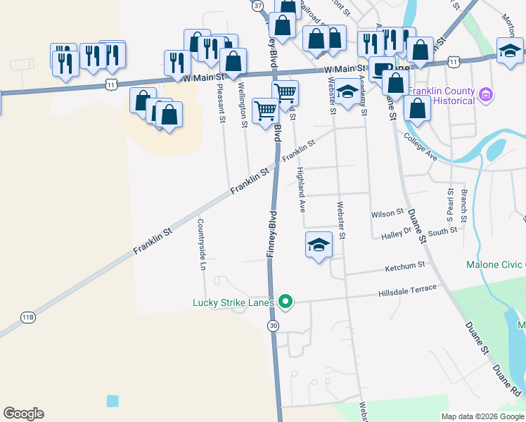 map of restaurants, bars, coffee shops, grocery stores, and more near 97 Finney Blvd in Malone