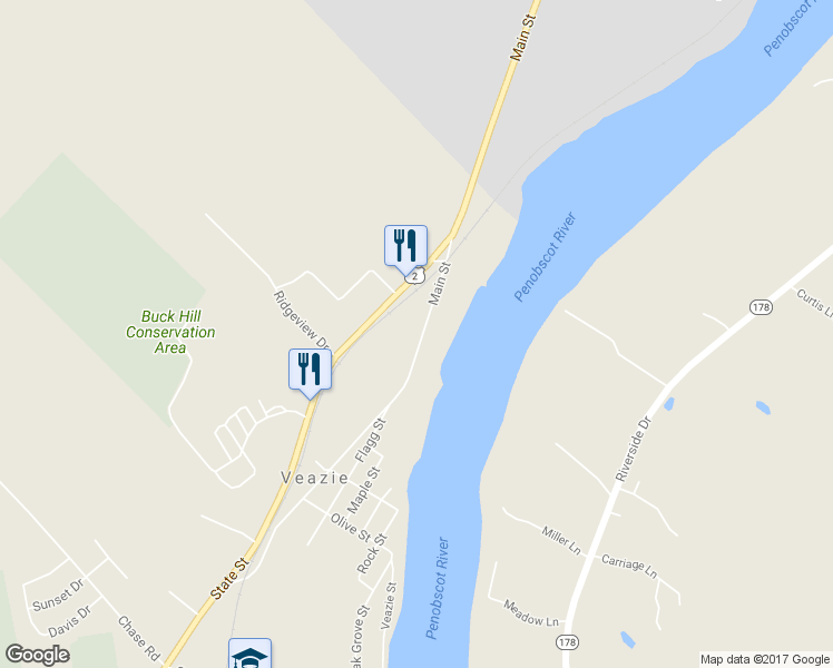 map of restaurants, bars, coffee shops, grocery stores, and more near 1108 Main Street in Veazie