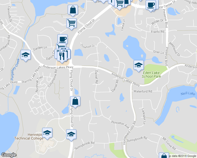 map of restaurants, bars, coffee shops, grocery stores, and more near 8565 Darnel Road in Eden Prairie