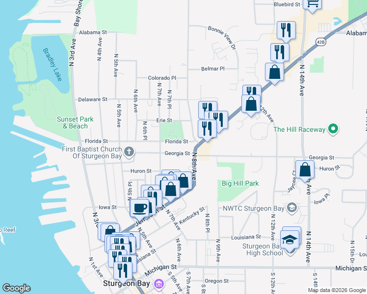 map of restaurants, bars, coffee shops, grocery stores, and more near 752 Georgia Street in Sturgeon Bay