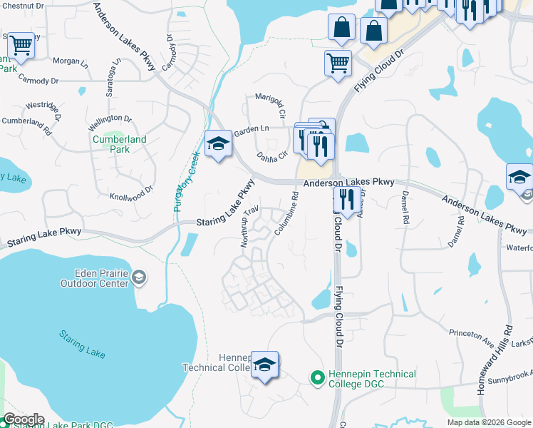 map of restaurants, bars, coffee shops, grocery stores, and more near 8873 Peep Oday Trail in Eden Prairie