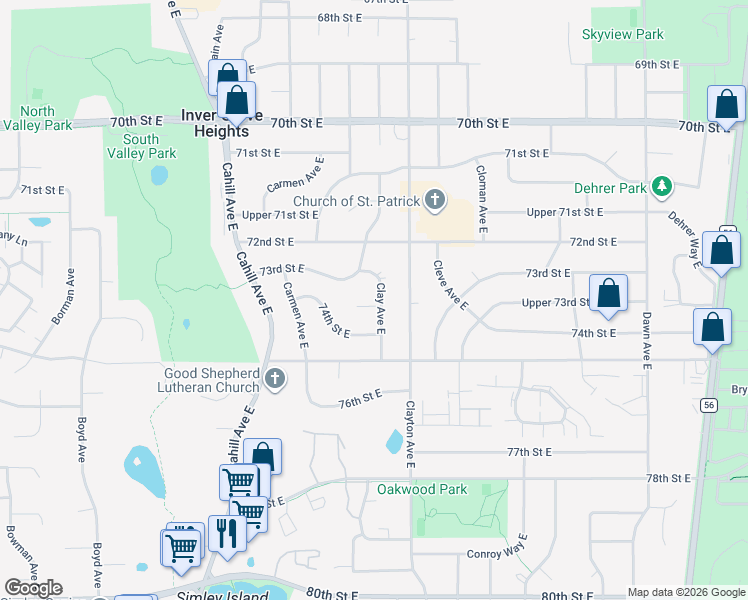 map of restaurants, bars, coffee shops, grocery stores, and more near 7343 Clay Court East in Inver Grove Heights