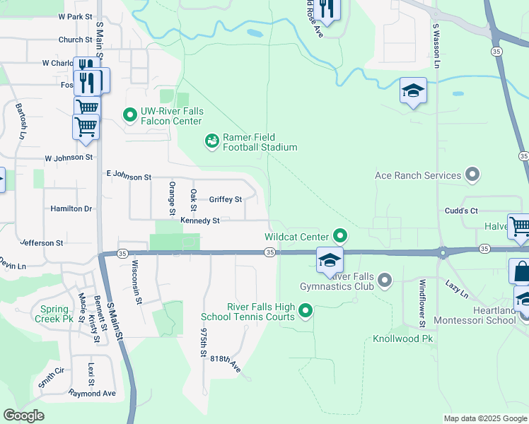 map of restaurants, bars, coffee shops, grocery stores, and more near 1347 South Sixth Street in River Falls