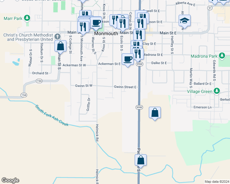 map of restaurants, bars, coffee shops, grocery stores, and more near 619 Broad Street South in Monmouth