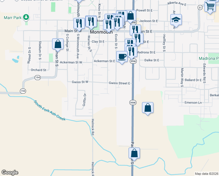 map of restaurants, bars, coffee shops, grocery stores, and more near 619 South Broad Street in Monmouth