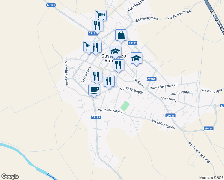 map of restaurants, bars, coffee shops, grocery stores, and more near 75 Spalto Vittorio Veneto in Castellazzo Bormida