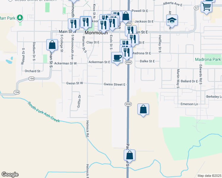 map of restaurants, bars, coffee shops, grocery stores, and more near 644 Ecols Street South in Monmouth