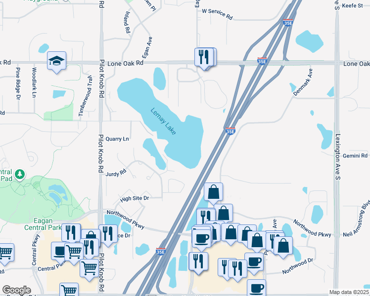 map of restaurants, bars, coffee shops, grocery stores, and more near 1319 Jurdy Road in Eagan