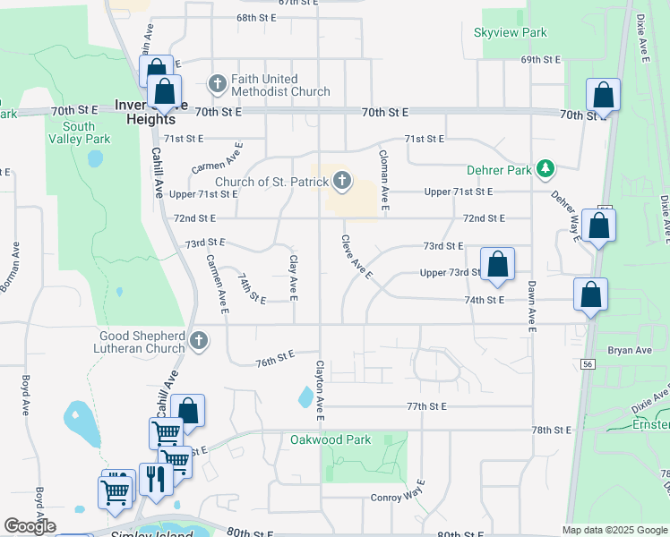 map of restaurants, bars, coffee shops, grocery stores, and more near 7394 Clayton Avenue East in Inver Grove Heights