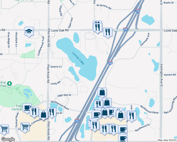 map of restaurants, bars, coffee shops, grocery stores, and more near 1319 Jurdy Road in Eagan