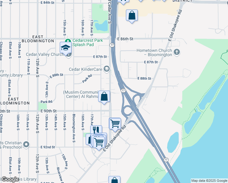 map of restaurants, bars, coffee shops, grocery stores, and more near 8915 Old Cedar Avenue South in Bloomington