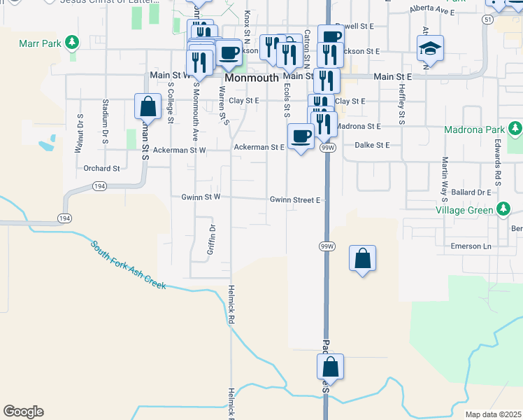 map of restaurants, bars, coffee shops, grocery stores, and more near 620 South Broad Street in Monmouth
