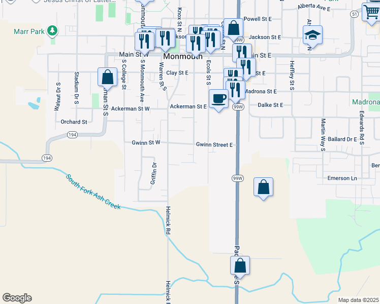 map of restaurants, bars, coffee shops, grocery stores, and more near 620 Broad Street South in Monmouth