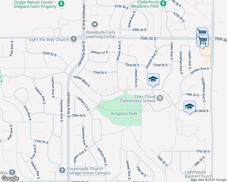 map of restaurants, bars, coffee shops, grocery stores, and more near 9296 Indian Boulevard South in Cottage Grove