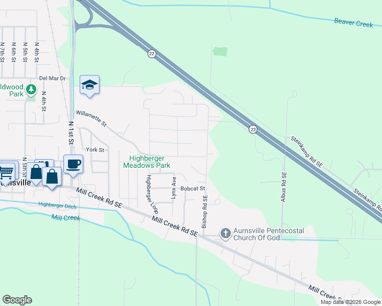 map of restaurants, bars, coffee shops, grocery stores, and more near 9935 Willamette Street in Aumsville