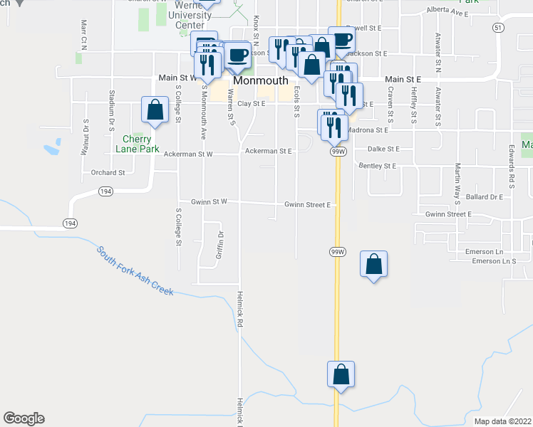 map of restaurants, bars, coffee shops, grocery stores, and more near 374 Tracy Court in Monmouth