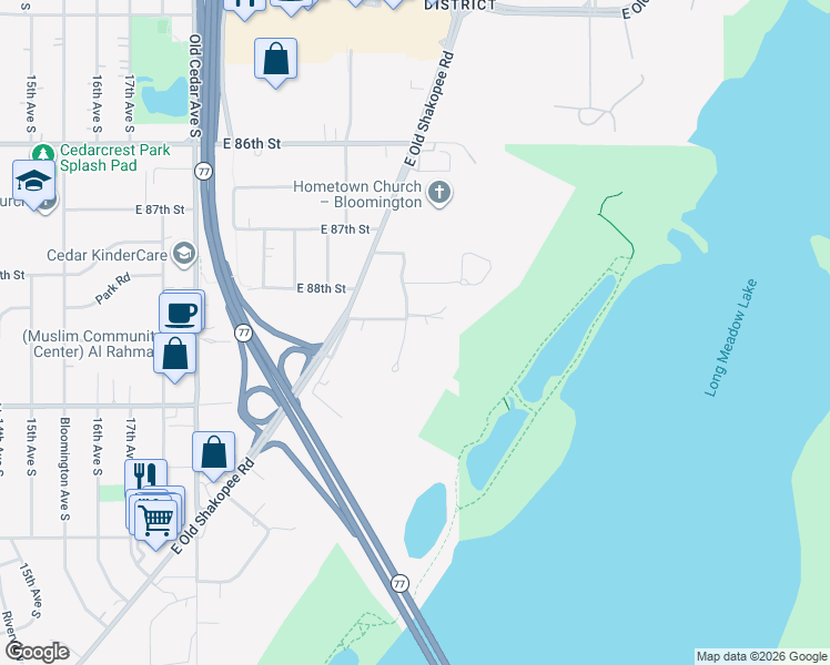 map of restaurants, bars, coffee shops, grocery stores, and more near 8841 River Ridge Road in Bloomington