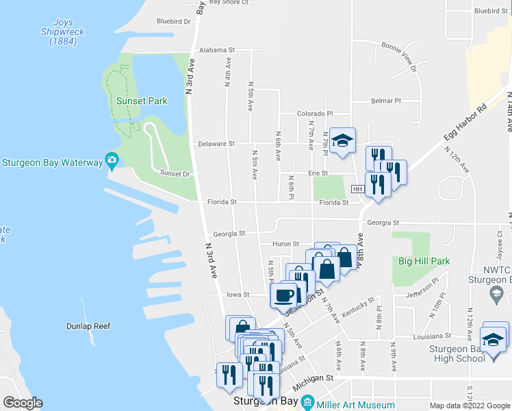 map of restaurants, bars, coffee shops, grocery stores, and more near 637 North 5th Avenue in Sturgeon Bay