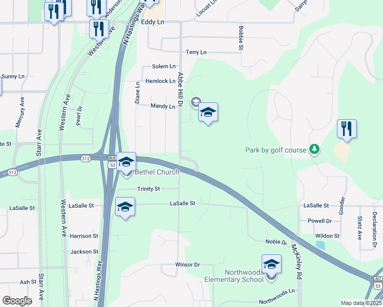 map of restaurants, bars, coffee shops, grocery stores, and more near 3007 Abbe Court in Eau Claire