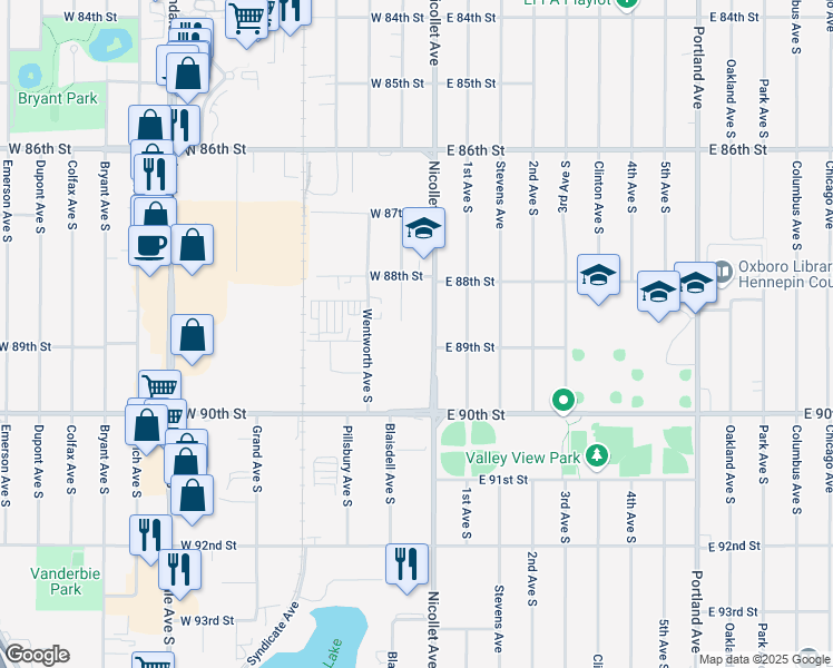 map of restaurants, bars, coffee shops, grocery stores, and more near 8900 Nicollet Avenue in Minneapolis