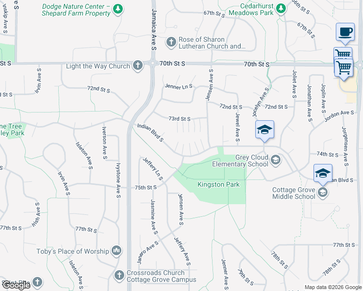 map of restaurants, bars, coffee shops, grocery stores, and more near 9228 Indian Boulevard South in Cottage Grove