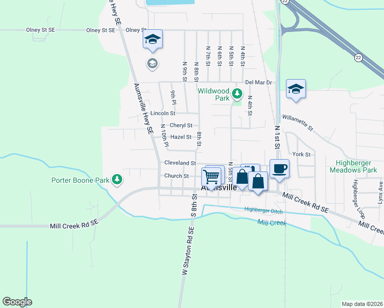 map of restaurants, bars, coffee shops, grocery stores, and more near 795 Cleveland Street in Aumsville