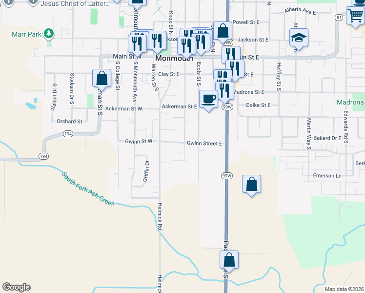 map of restaurants, bars, coffee shops, grocery stores, and more near 289 Gwinn Street East in Monmouth