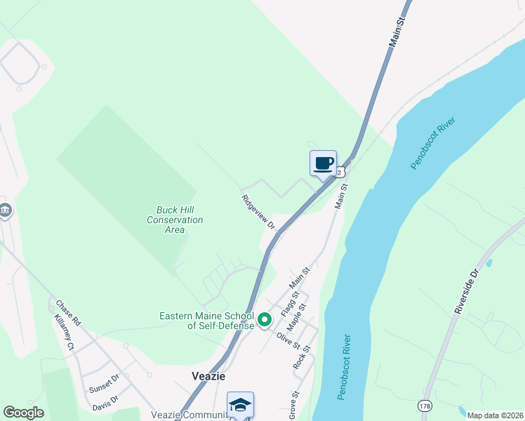 map of restaurants, bars, coffee shops, grocery stores, and more near 30 Ridgeview Drive in Veazie