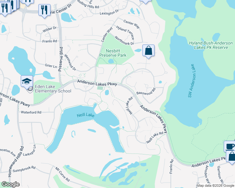 map of restaurants, bars, coffee shops, grocery stores, and more near 11013 Anderson Lakes Parkway in Eden Prairie