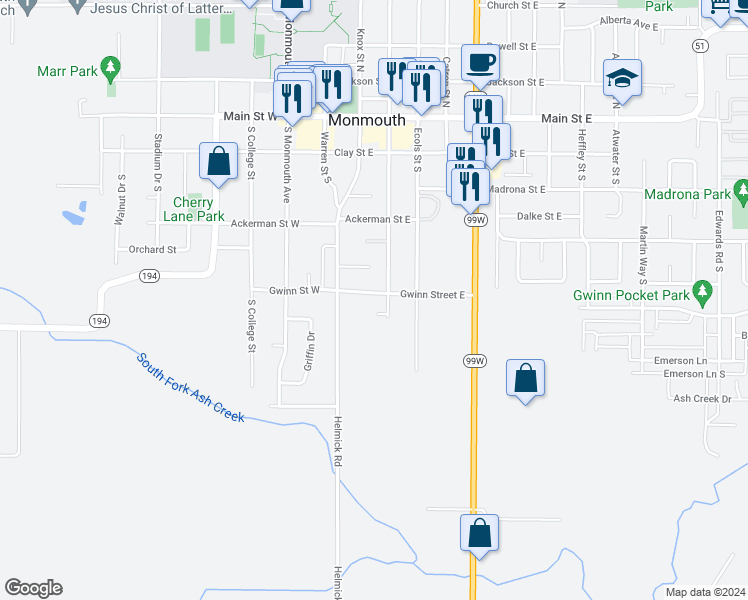 map of restaurants, bars, coffee shops, grocery stores, and more near 263 Gwinn Street East in Monmouth