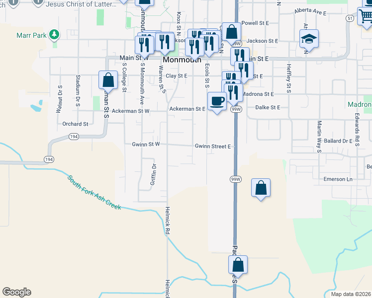 map of restaurants, bars, coffee shops, grocery stores, and more near 337 Tracy Court in Monmouth