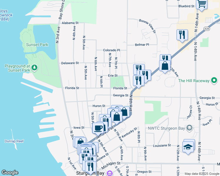 map of restaurants, bars, coffee shops, grocery stores, and more near 722 Georgia Street in Sturgeon Bay