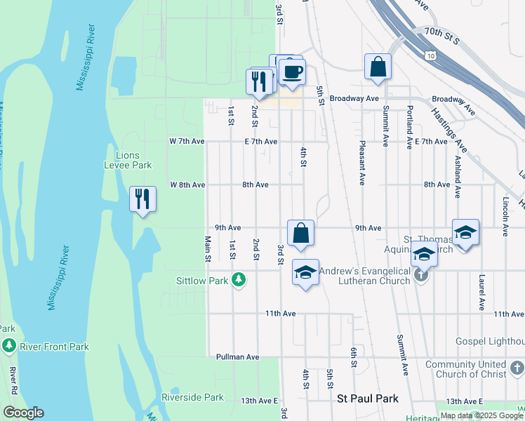 map of restaurants, bars, coffee shops, grocery stores, and more near 845 3rd Street in Saint Paul Park