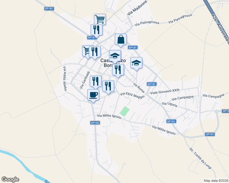 map of restaurants, bars, coffee shops, grocery stores, and more near 75 Spalto Vittorio Veneto in Castellazzo Bormida